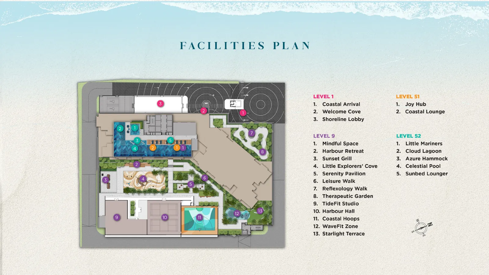 The Capehauz facilities plan for Levels 1, 9, 51 and 52 with numbered facility labels