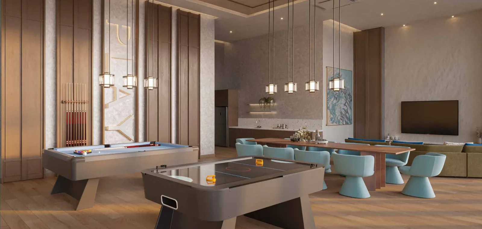 The Capehauz games room with a pool table, air hockey table and lounge seating, artist's impression