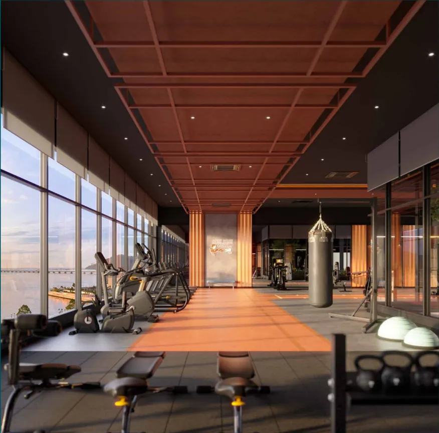 The Capehauz gymnasium with treadmills along a glass wall facing the sea, artist's impression