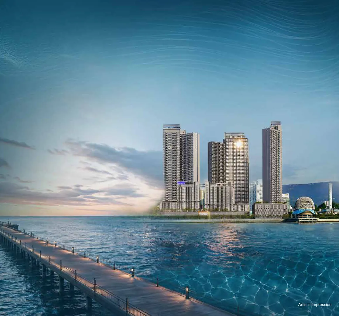 The Capehauz waterfront towers on the Gelugor shoreline with a timber pier over the sea at dusk, artist's impression