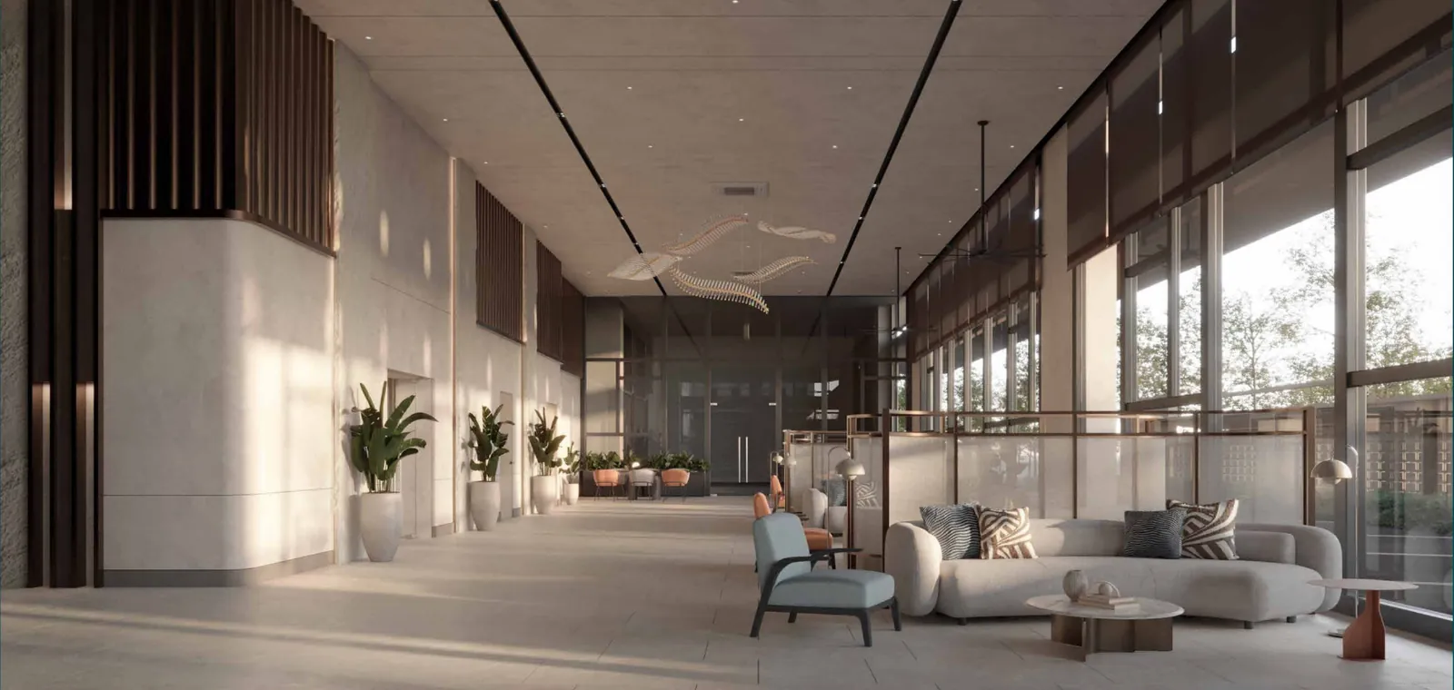 The Capehauz grand lobby with tall windows, curved sofa and planters, artist's impression