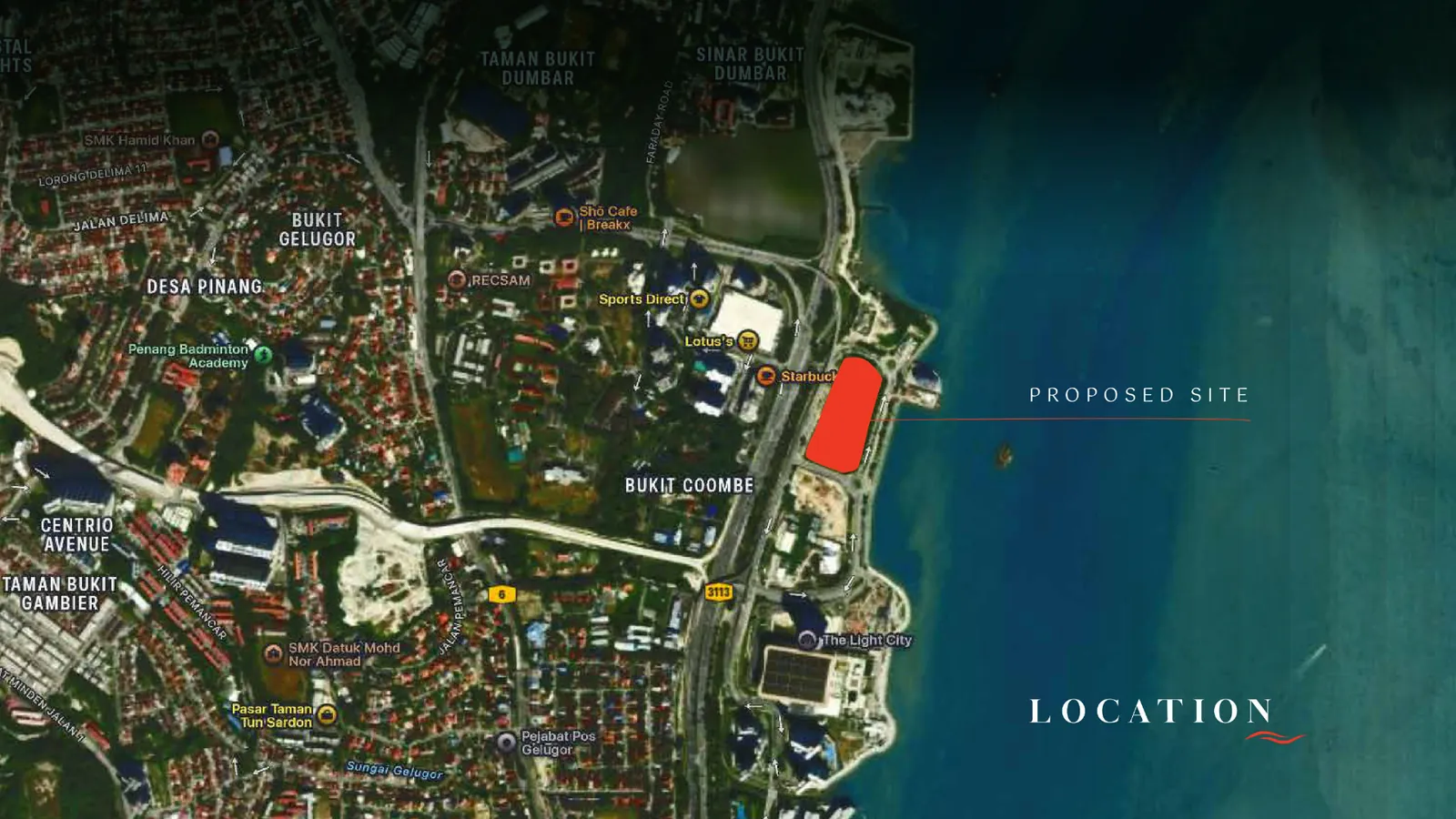 Location map of the proposed site on the Gelugor waterfront near Lotus's, Bukit Gelugor, Bukit Coombe, Desa Pinang and The Light City