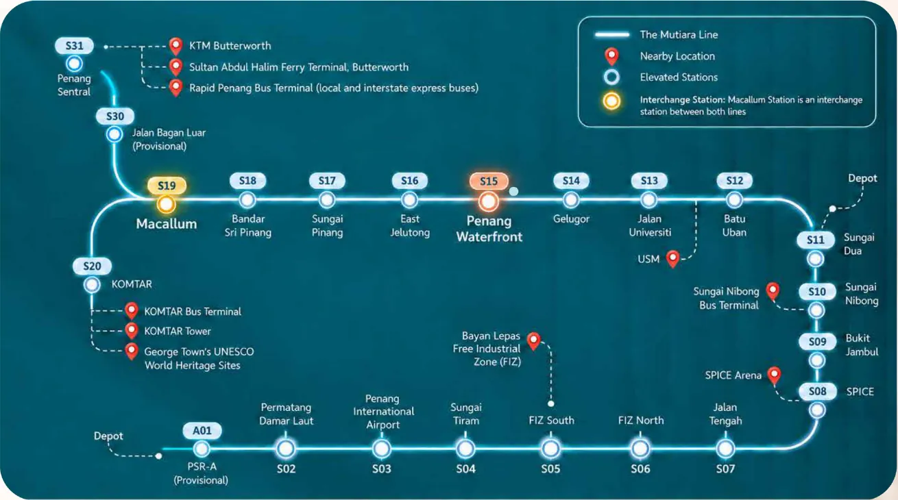 LRT Mutiara Line map highlighting Penang Waterfront station S15 between East Jelutong and Gelugor
