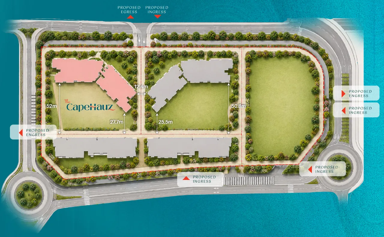 Master plan of the waterfront site with The Capehauz block highlighted and proposed access points