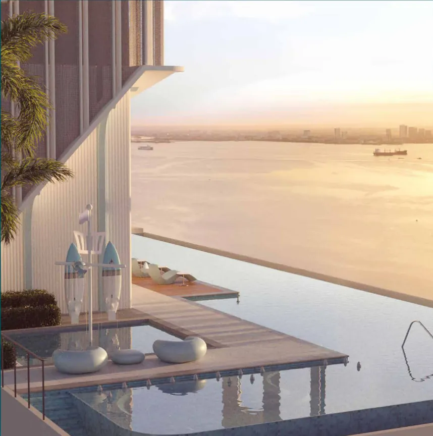 The Capehauz sky pool edge with loungers overlooking the sea at sunset, artist's impression