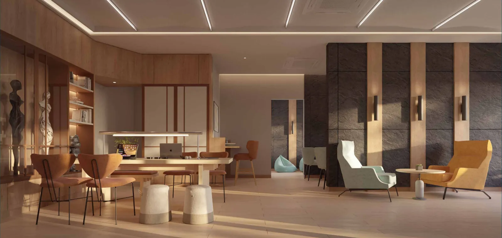 The Capehauz study lounge with a shared table, armchairs and timber panelling, artist's impression