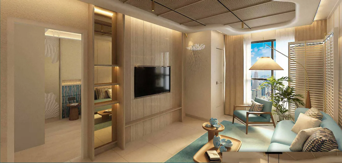 The Capehauz Type A living room concept with sofa, TV wall and a window over the sea, artist's impression