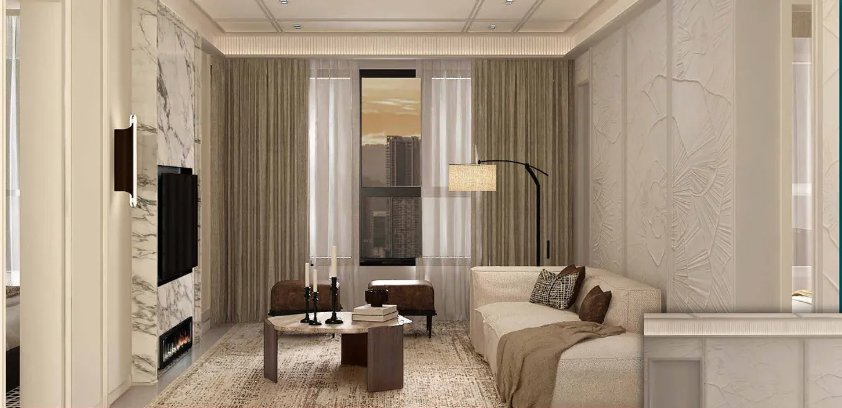 The Capehauz Type B living room concept with marble feature wall and a city view, artist's impression