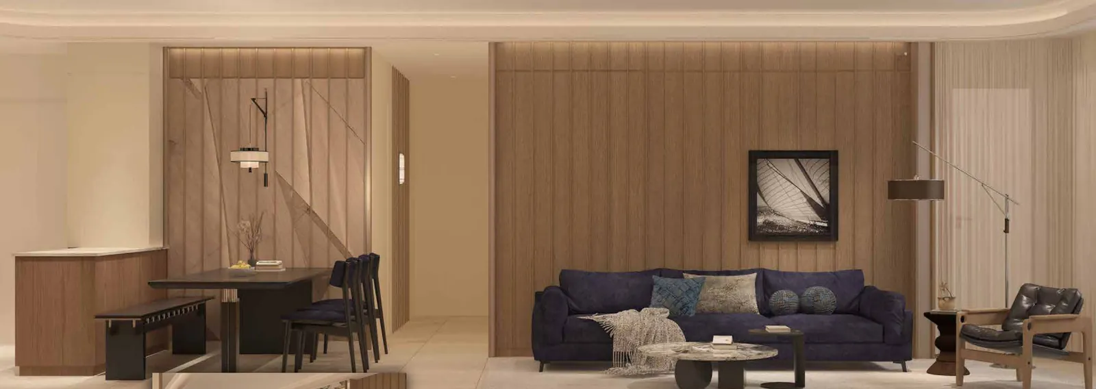 The Capehauz Type C living and dining concept with timber walls and a navy sofa, artist's impression