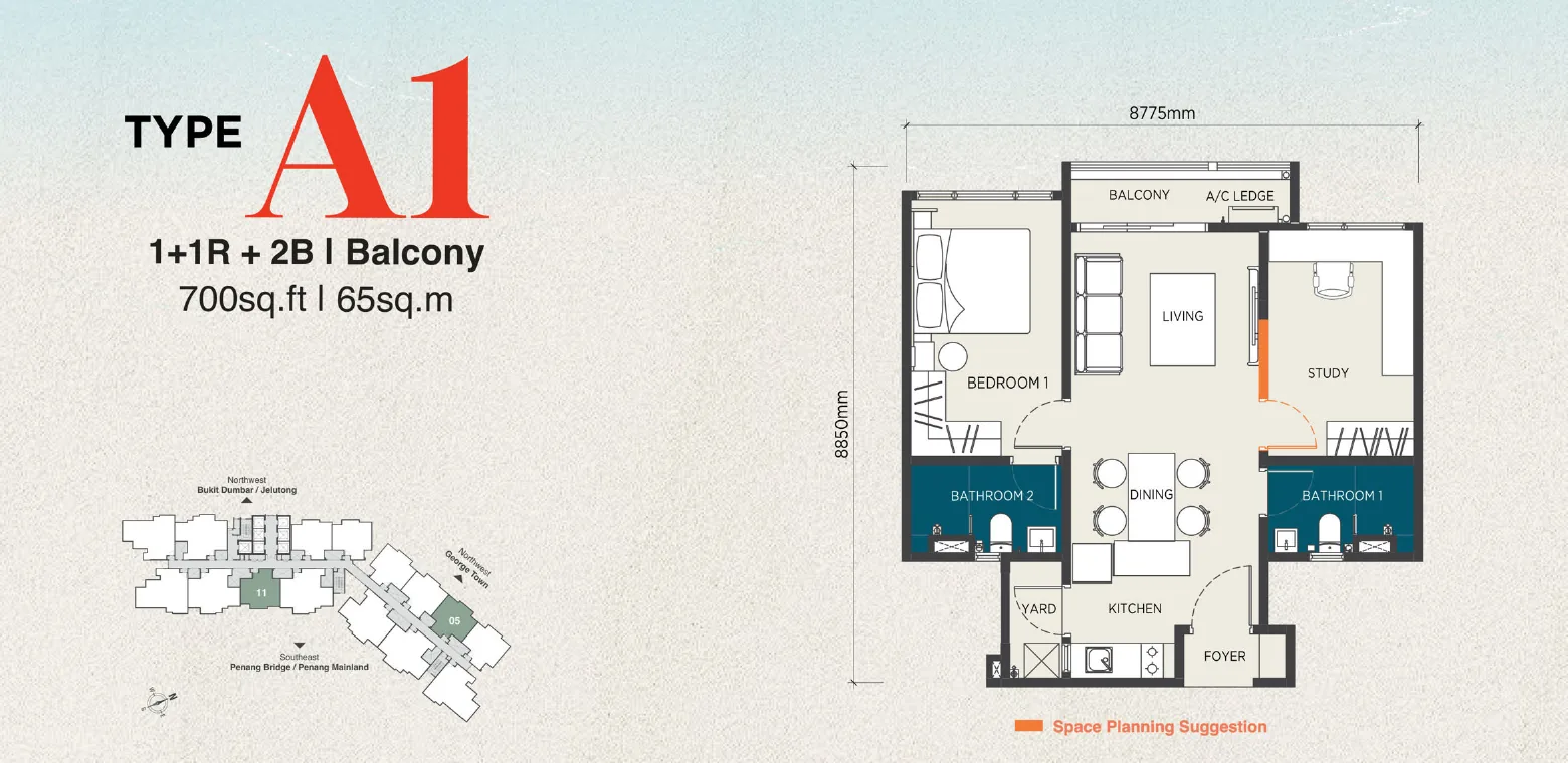 The Capehauz floor plan Type A1, 700 sq ft, 1+1 bedrooms, 2 bathrooms, balcony
