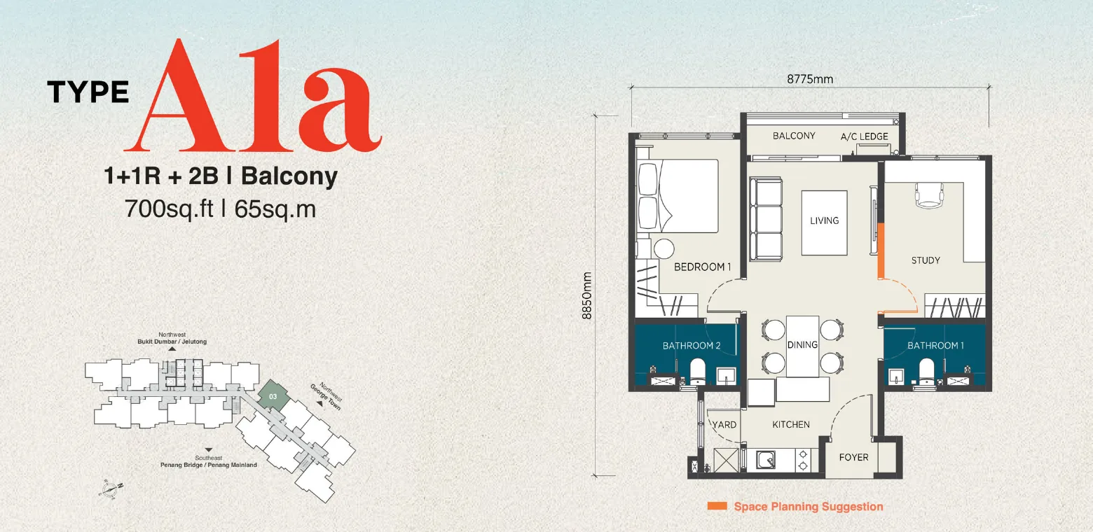 The Capehauz floor plan Type A1a, 700 sq ft, 1+1 bedrooms, 2 bathrooms, balcony