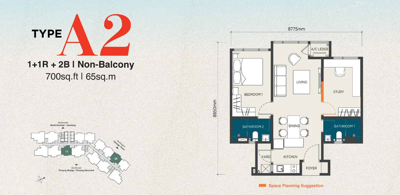 The Capehauz floor plan Type A2, 700 sq ft, 1+1 bedrooms, 2 bathrooms