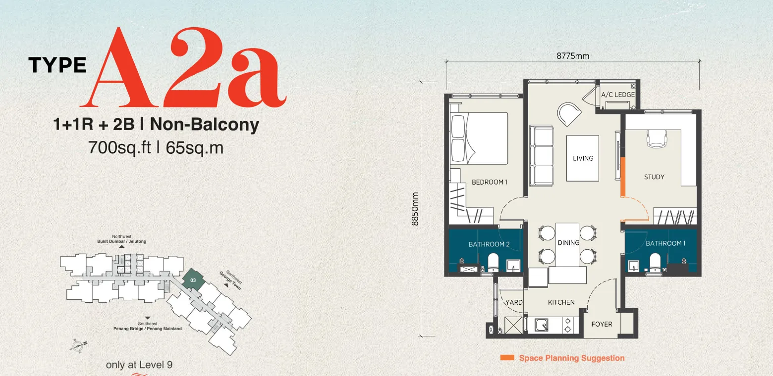 The Capehauz floor plan Type A2a, 700 sq ft, 1+1 bedrooms, 2 bathrooms, Level 9 only
