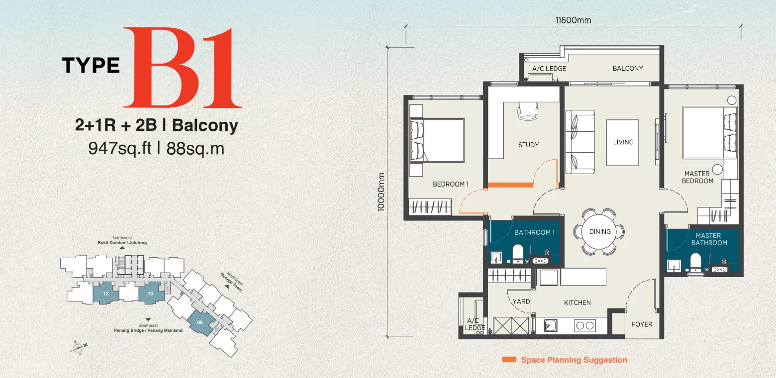 The Capehauz floor plan Type B1, 947 sq ft, 2+1 bedrooms, 2 bathrooms, balcony