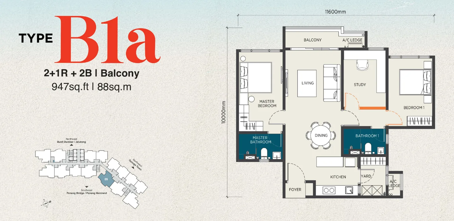 The Capehauz floor plan Type B1a, 947 sq ft, 2+1 bedrooms, 2 bathrooms, balcony