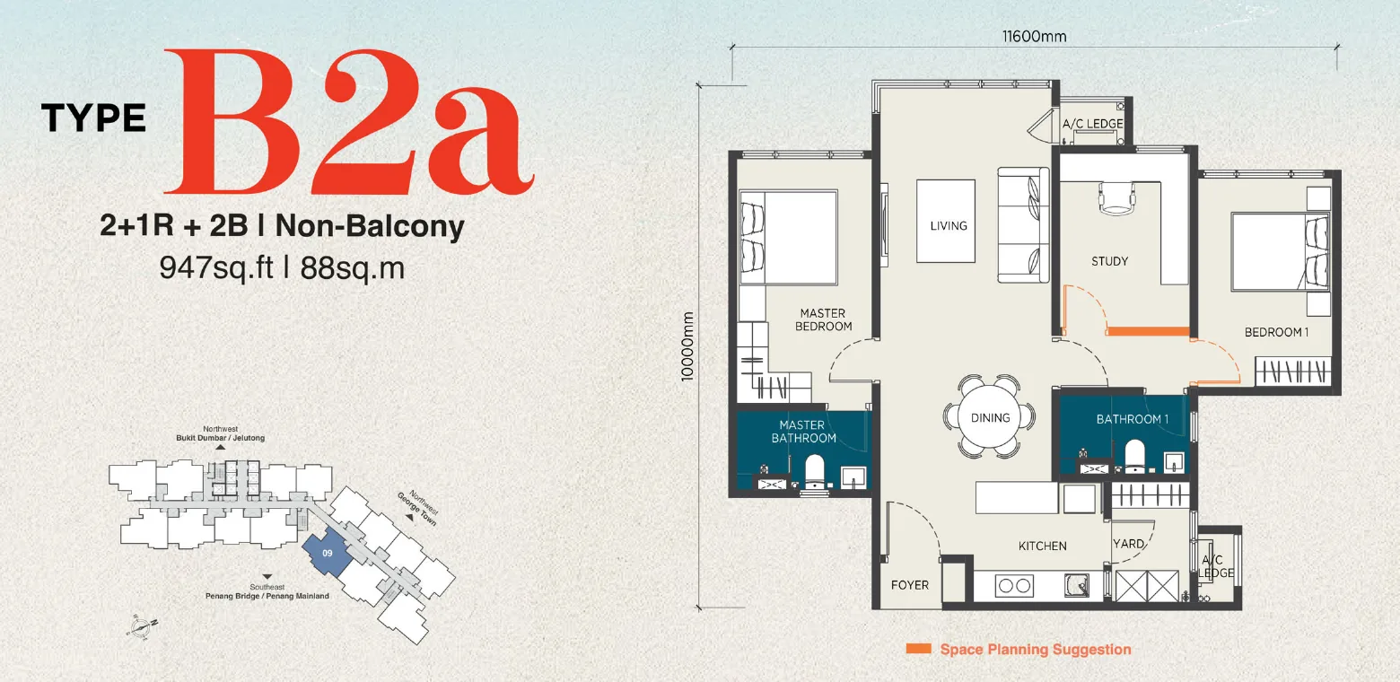 The Capehauz floor plan Type B2a, 947 sq ft, 2+1 bedrooms, 2 bathrooms