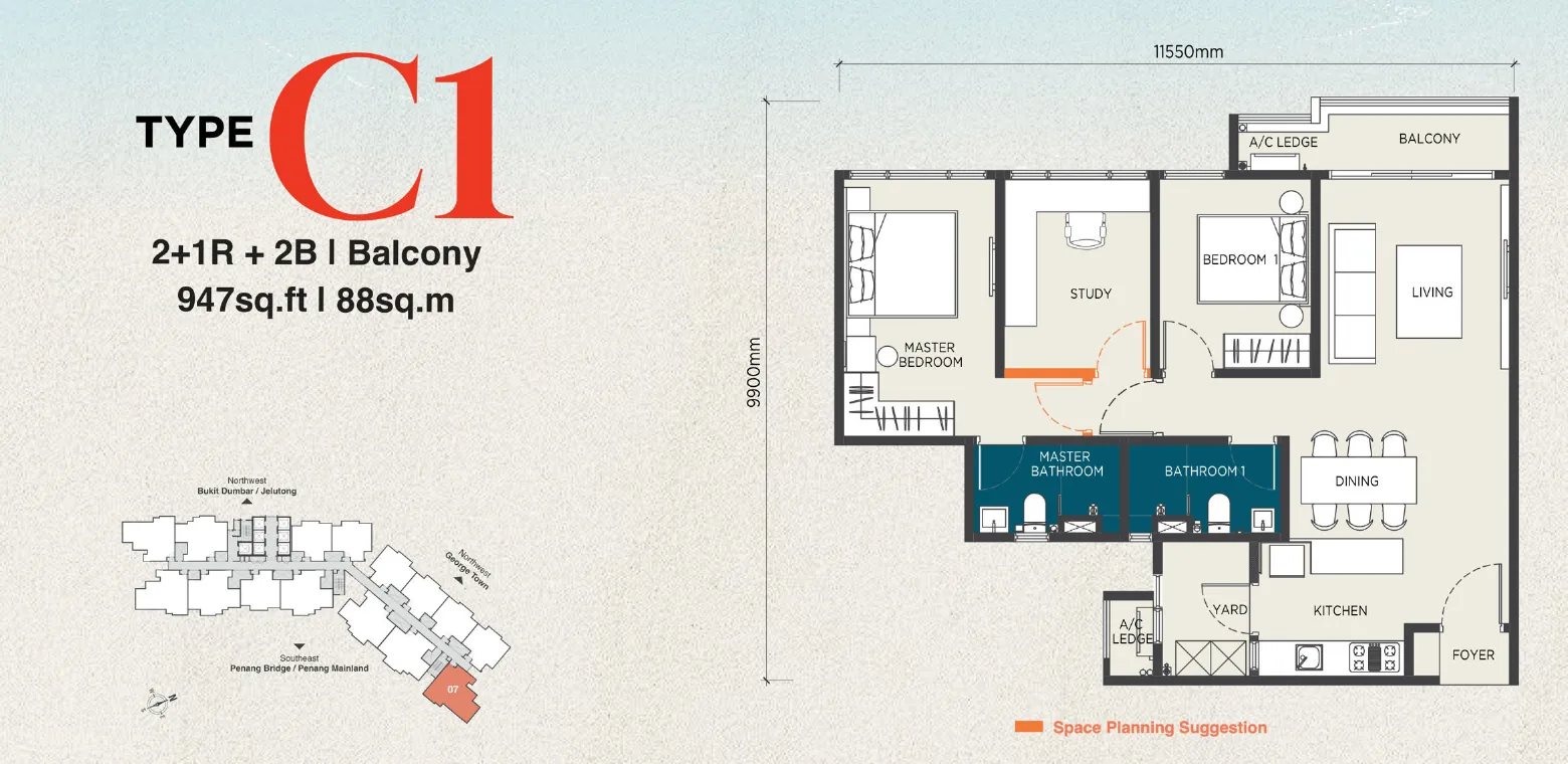 The Capehauz floor plan Type C1, 947 sq ft, 2+1 bedrooms, 2 bathrooms, balcony