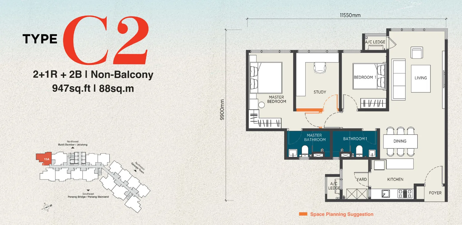 The Capehauz floor plan Type C2, 947 sq ft, 2+1 bedrooms, 2 bathrooms