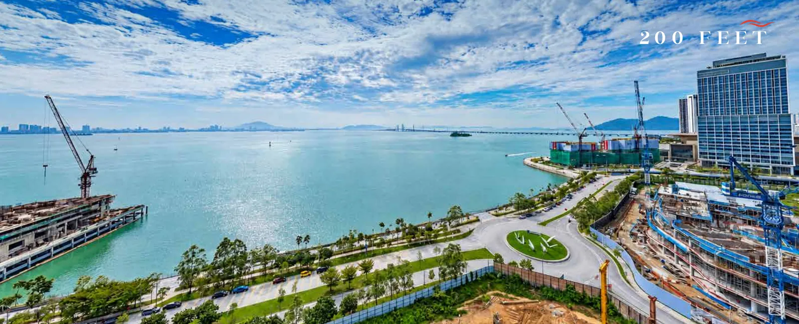 Aerial photo from about 200 feet over the site looking across the sea towards the Penang Bridge