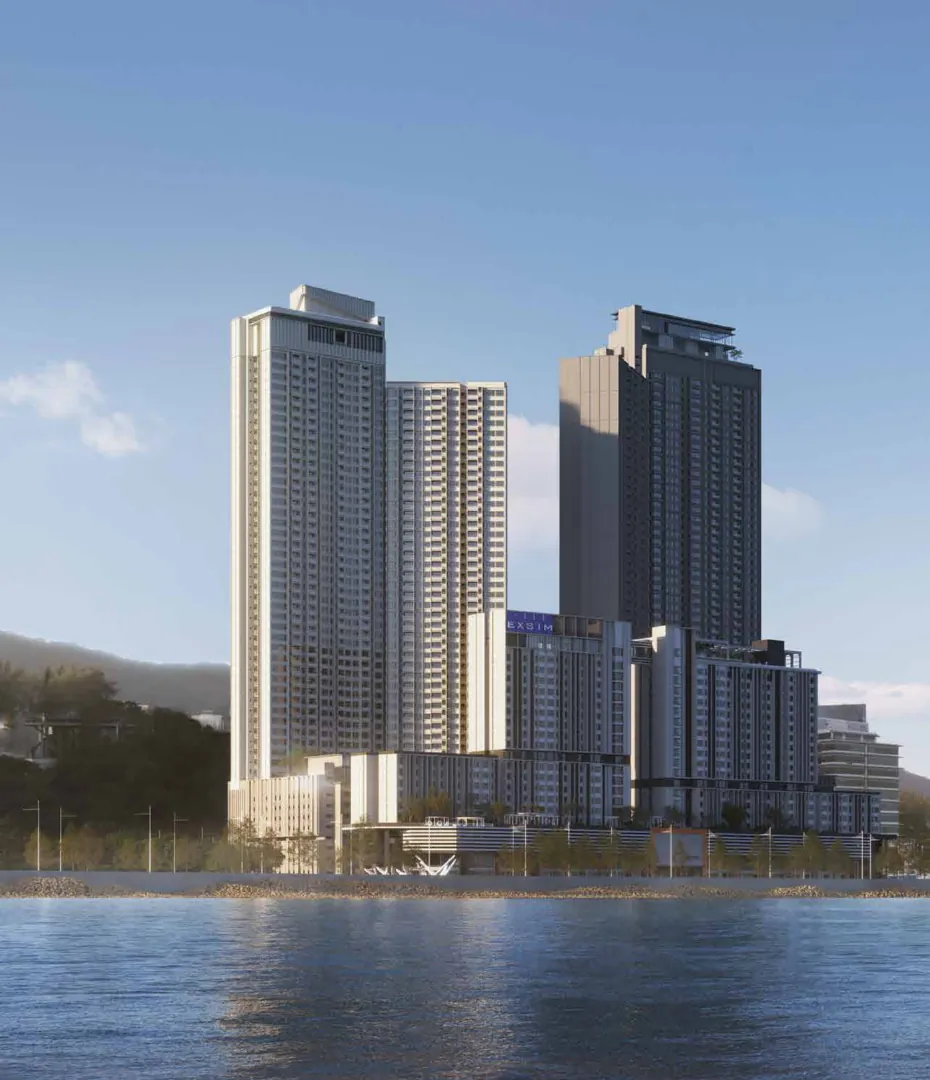 EXSIM waterfront towers rising from the Gelugor shoreline across the sea, artist's impression